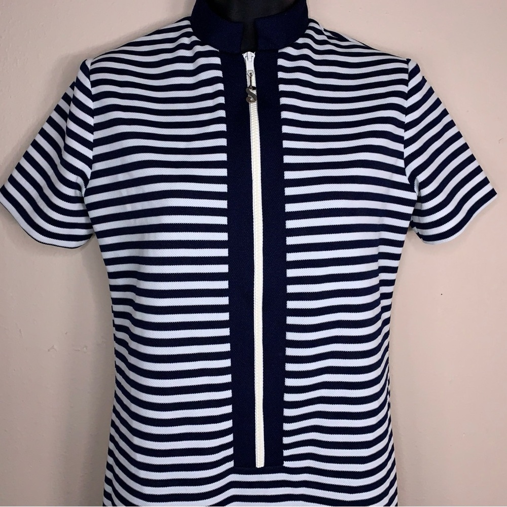 Vintage Serbin Size 6 Navy Blue And White Striped Dress Short Sleeve Sporty - Picture 12 of 16